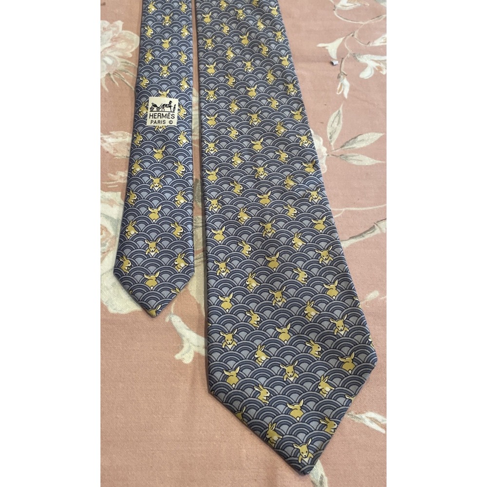 Vintage Hermes Paris Blue Rabbit Bunny Patterned Silk Necktie Made In France
